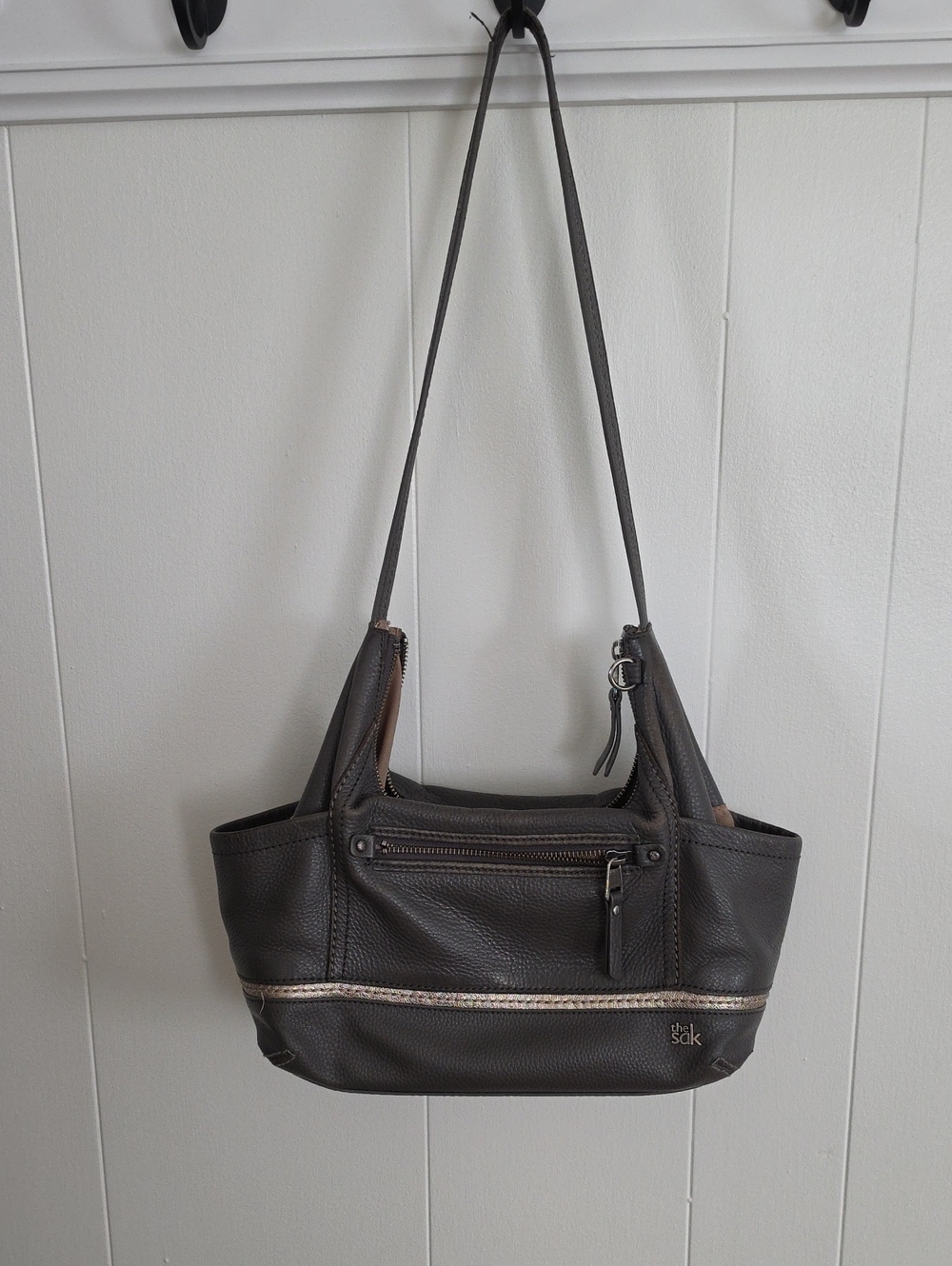 The Sak Dark Grey Leather Shoulder Bag with Metallic Trim